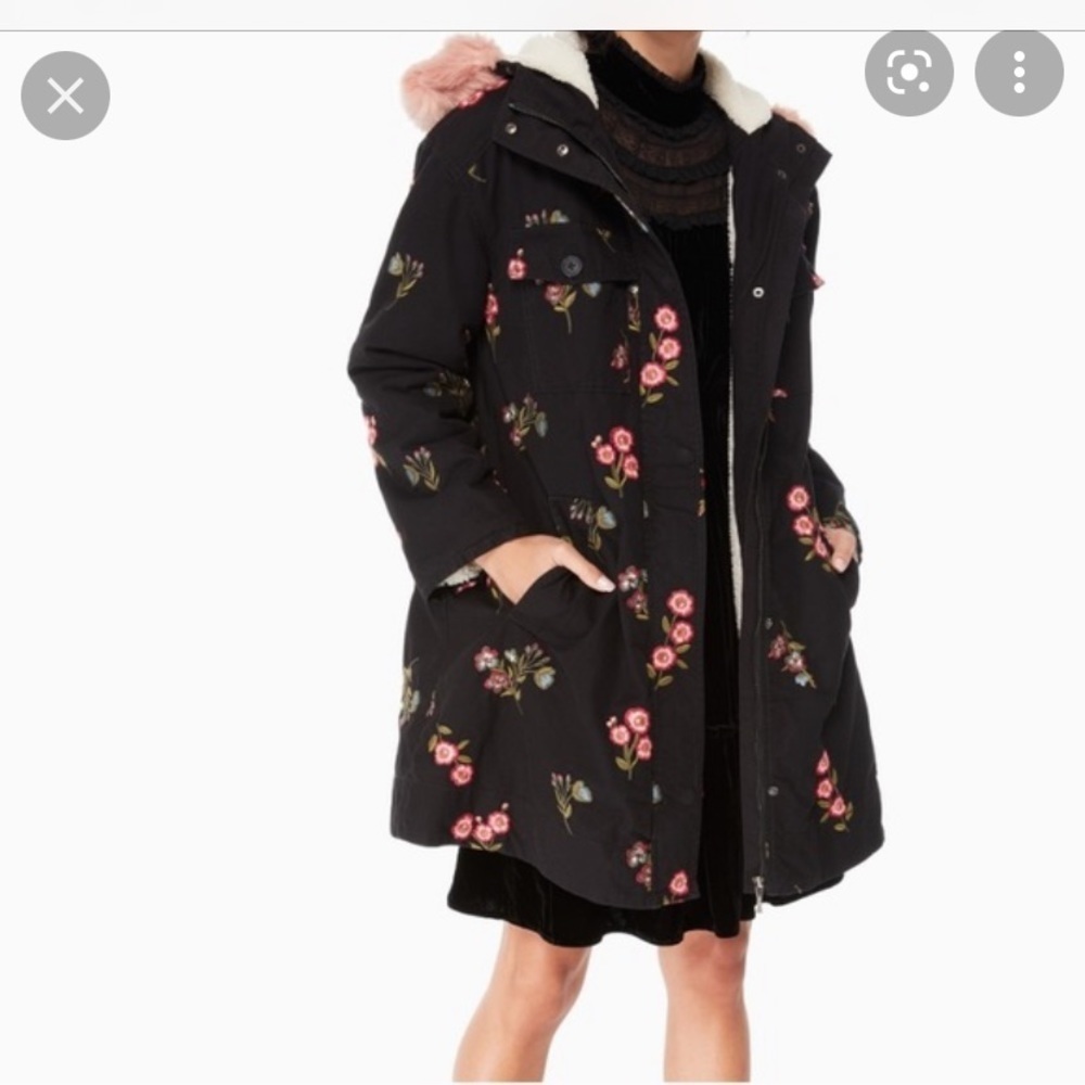 Kate Spade Black Floral Jacket with Pink Fur Trim - Picture 3 of 11